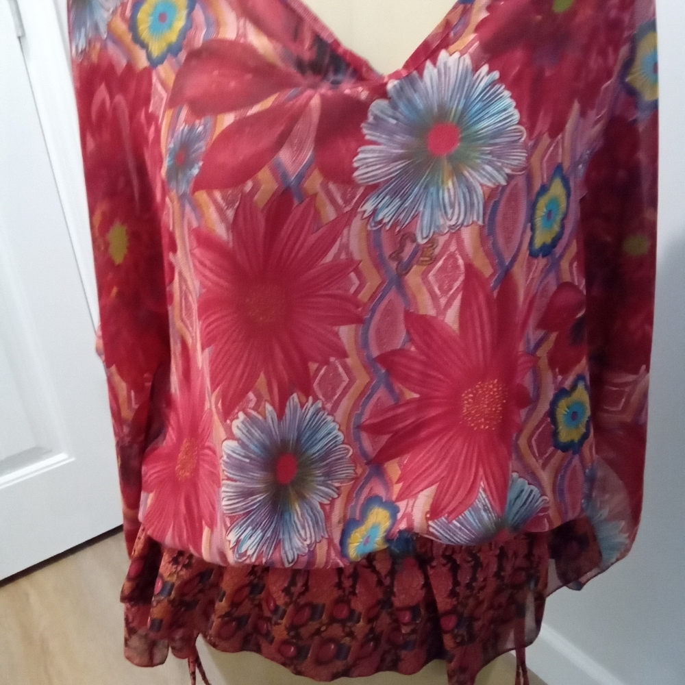 Ultra Pink Plus Sz 3X Sheer Chiffon Floral V-Neck Kimono Style Top
